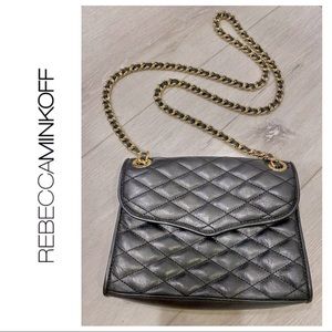 Rebecca Minkoff Black Leather Crossbody Quilted Handbag w Leather and Gold Chain